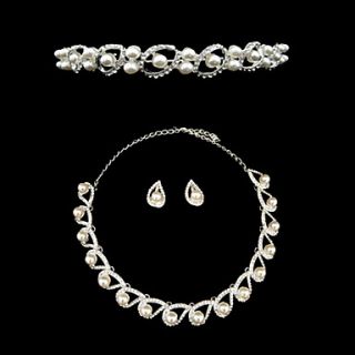 Fancy Drop Shaped Alloy Silver Plated With Pearl Wedding Jewelry Set Including Tiara Necklace And Earrings
