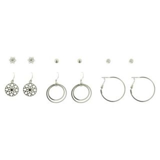 Womens Stud, Dangle and Hoop Earrings Set of 6   Silver/Crystal