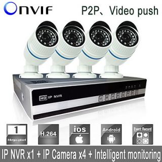 Sinocam 4CH H.264 Network Video Recorder NVR Kit System (4pcs 1.0MP Mini Onvif Waterproof IP Camera)