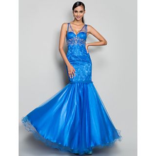Trumpet/Mermaid V neck Floor length Lace And Tulle Evening/Prom Dress