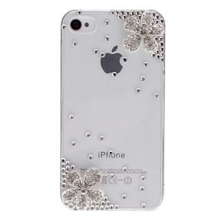 Elegant Design Silver Flowers with Diamond Covered Transparent Hard Case with Nail Adhesive for iPhone 4/4S