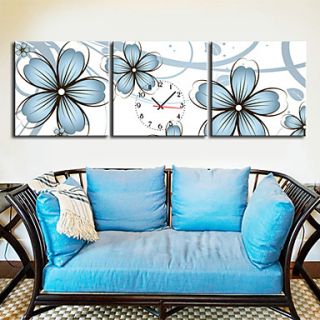12 24Country Style Blue Floral Wall Clock In Canvas 3pcs