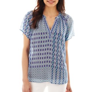 A.N.A Short Sleeve Smocked Blouse   Petite, Blue