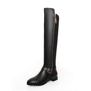 Leather Chunky Heel Knee High Riding Boots With Buckle