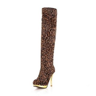 Leopard Print Suede Stiletto Heel Platform Knee High Boots Party Shoes(More Colors)