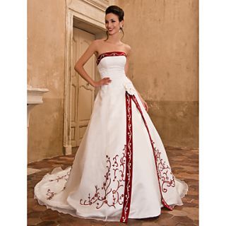 A line Strapless Sleeveless Organza Satin Chapel Train Wedding Dress