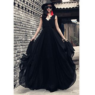 Verragee V Neck Backless Long Slim Dress(Black)