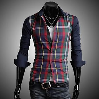 MenS Contrast Color Plaids Stitching Casual Long Sleeve Shirt