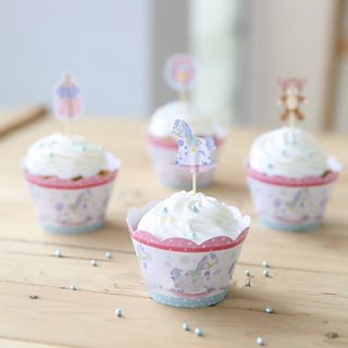 Children Theme Cupcake Wrappers for Baby Shower   Set of 12 (Including 12 Stickers and 12 Wrappers)