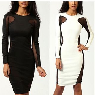 Womens Round Collar Mesh Cut Out Long Sleeve Party Midi Pencil Dress