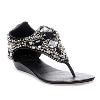 Faux Leather Womens Wedge Heel Sandals with Beading And Rhinestone Shoes(More Colors)