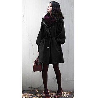 Korean Womens Puff Sleeve Coat Jacket with Hat Black