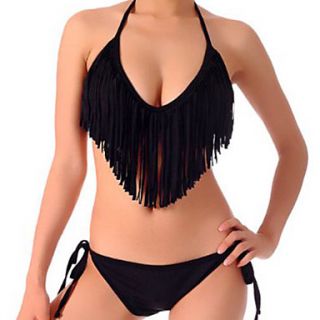 AIYITE Womens Summer Sandbeach Tassels Ornament Strapless With Cup Split Swimsuit(Black)
