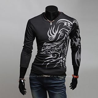 URUN Print Round Collar Long Sleeve T Shirt(Black)