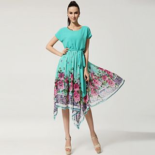 Color Party Womens Rose Printing Swing Dress (Green)