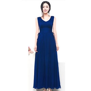 Color Party Womens Silk V Neck Swing Long Dress (Blue)