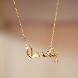 Shining Elegant Unique Alloy Crystal Love Symbol Pearl Pendant Necklace (Gold)