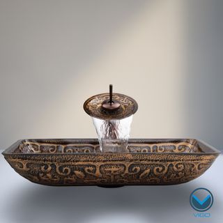 Vigo Rectangular Golden Greek Glass Vessel Sink Waterfall Faucet Set