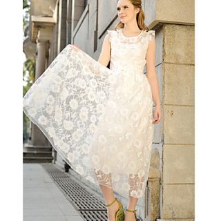 F.Modern WomenS Round Collar Lotus Leaf Collar Lace Chiffon Dress(White)