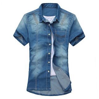 GBS Mens Korean Slim Fit Denim Short Sleeve Shirt(Light Blue)