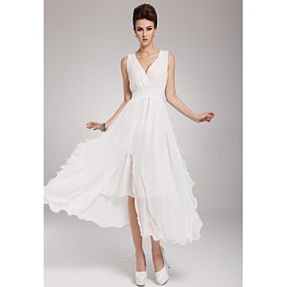 Color Party Womens Fashion V Neck Long Dress (White)