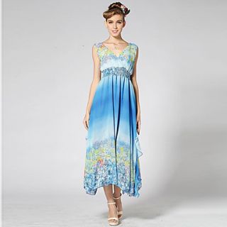 Color Party Womens Hawaii V Neck Long Dress (Blue)