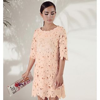 JRY Womens Simple Round Neck Pink Lace Half Sleeve Big Size Dress