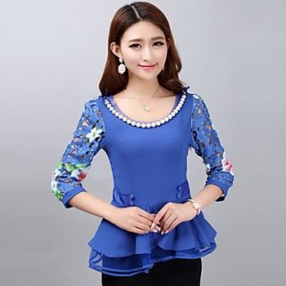 Lanliersi Chiffon Round Lace 3/4 Sleeve Bottoming Shirt (Blue)