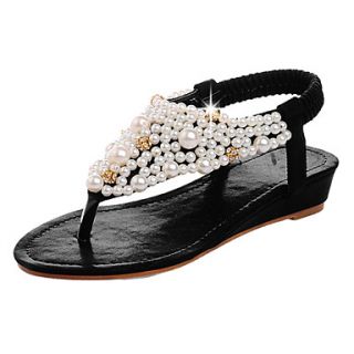 Leatherette Womens Flat Heel T Strap Sandals with Imitation Pearl Shoes(More Colors)