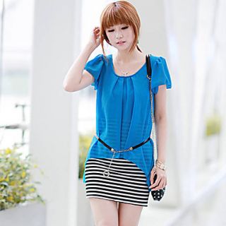 BeiYan Womens Korean Fashion Slim Splice Stripes Dress(Blue)