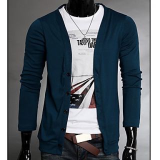 HKWB Casual Deep V Neck Cotton Slim Short Sleeve Sweater(Blue)