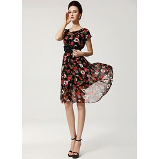 Womens Colorful Round Neck Slim Dress with Double Flowers Belt