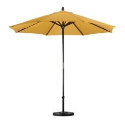 Premium 9 foot Yellow Patio Umbrella With Base (Yellow Materials Wood and polyesterPole materials WoodWeatherproof Shade UV Protection Heavy duty 50 pound base includedWeight 15 poundsDimensions 96 inches high x 108 inches wide x 108 inches deepAssemb