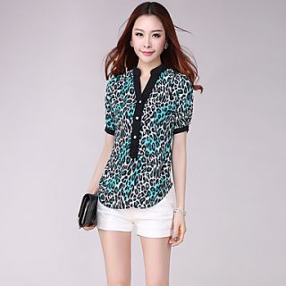 E Shop 2014 Summer Irregular Green Leopard Print Stand Chiffon Shirt