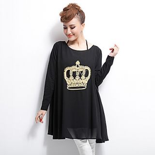 JRY Womens Simple Round Neck Black A Line Crown Pattern Chiffon Loose Fit Dress