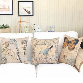 Set of 3 Stylish Birds Cotton/Linen Decorative Pillow Cover