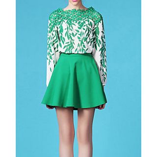 Yishabeier Willow Leaf Printed Chiffon Blouse And Skirt Outfit(Green)