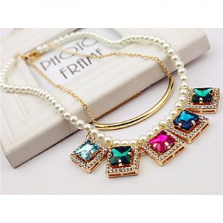 Yiyi Womens Korean Style Fashion Dual Layer Colorful Crystal Pearl Necklace(Screen Color)