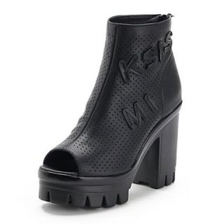 Leather Womens Chunky Heel Peep Teo Fashion Mid Calf Shoes
