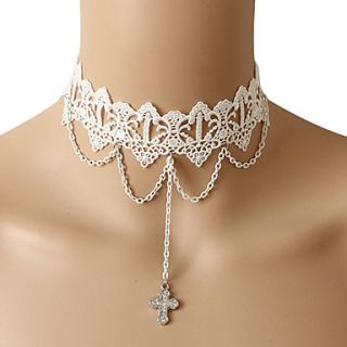 Diamond Studded Cross White Hollow Out Lace Necklace