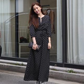 K Star Womens Korean Ladies Polka Dots Waist Chiffon Long Dress(Black,White)