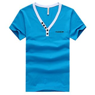 LangXin Mens Simple V Neck Collar Decoration Short Sleeve T Shirt(White,Blue)