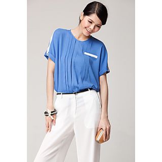 Unifo Show Womens Blue Round Collar Short Sleeve Chiffon Loose Style Blouse Shirt