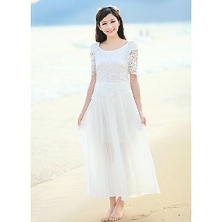 Kingmany Womens Korean Bohemia Style Short Lace Sleeve Long Dress(White)