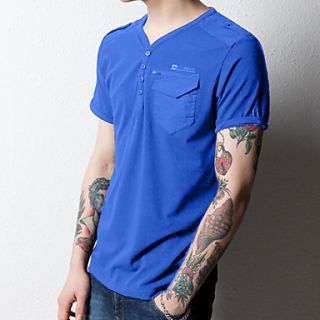 Lucassa Mens Simple Solid Color Relief Printing T Shirt(Blue)