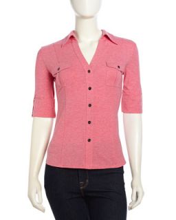 Short Sleeve Jersey Stretch Button Front Top, Strawberry