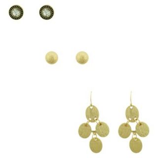 Womens Stone, Ball and Chandelier Earrings Set of 3   Gold/Crystal