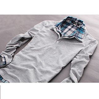 Grey Plaid Pattern Turndown Collar Cotton Mens T Shirt