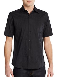 Pintucked Stretch Cotton Short Sleeve Shirt   Black