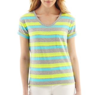 Short Sleeve Roundneck Boyfriend Tee Petite, Htr Gry Neon, Womens